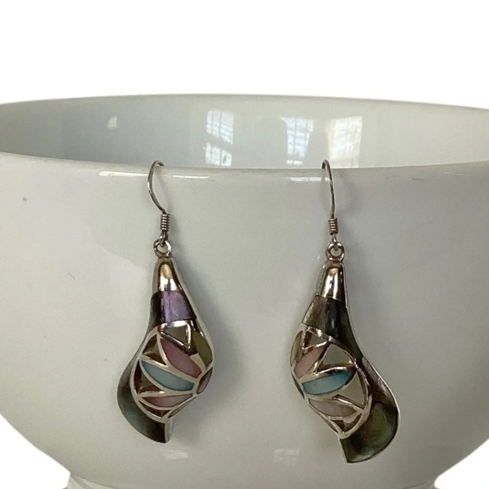 925 Sterling Silver Iridescent MOP Drop Hook Earrings Pink Blue Purple Green EUC - Picture 13 of 14